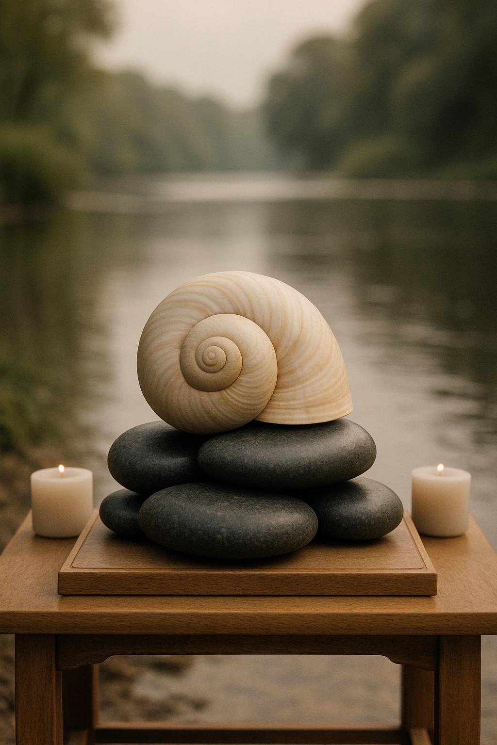 A serene lake scene with a stack of black stones and a seashell on a wooden table, surrounded by candles.