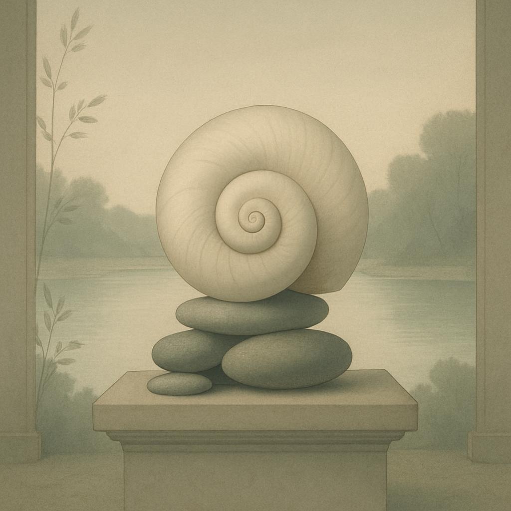A still life composition featuring a spiral shell balanced atop smooth stones, evoking a serene and natural ambiance.