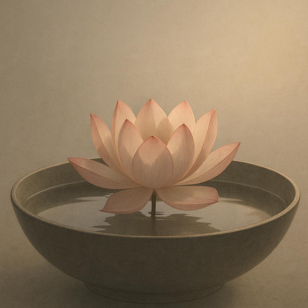 A pink lotus flower rises from the water's surface, showcasing its delicate petals and water reflection, set against a bei...