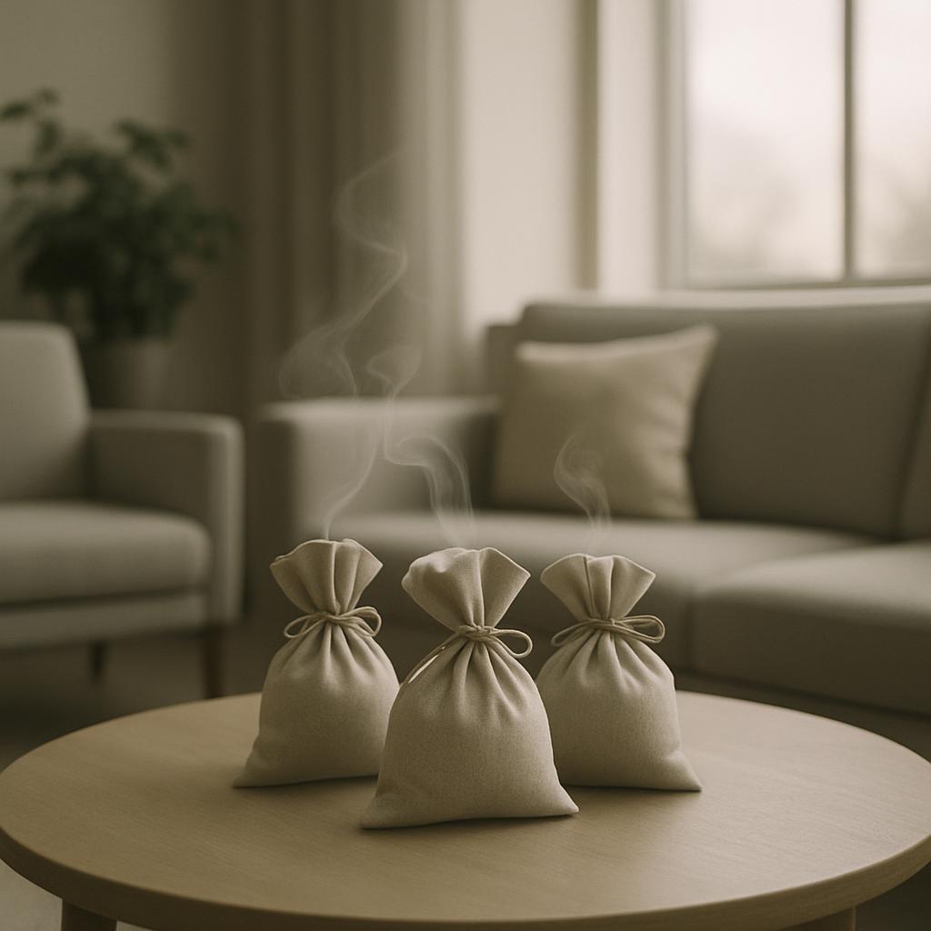 The image shows the three aromatic heat rice bags placed on a modern round table in a well-appointed dark living room. In ...