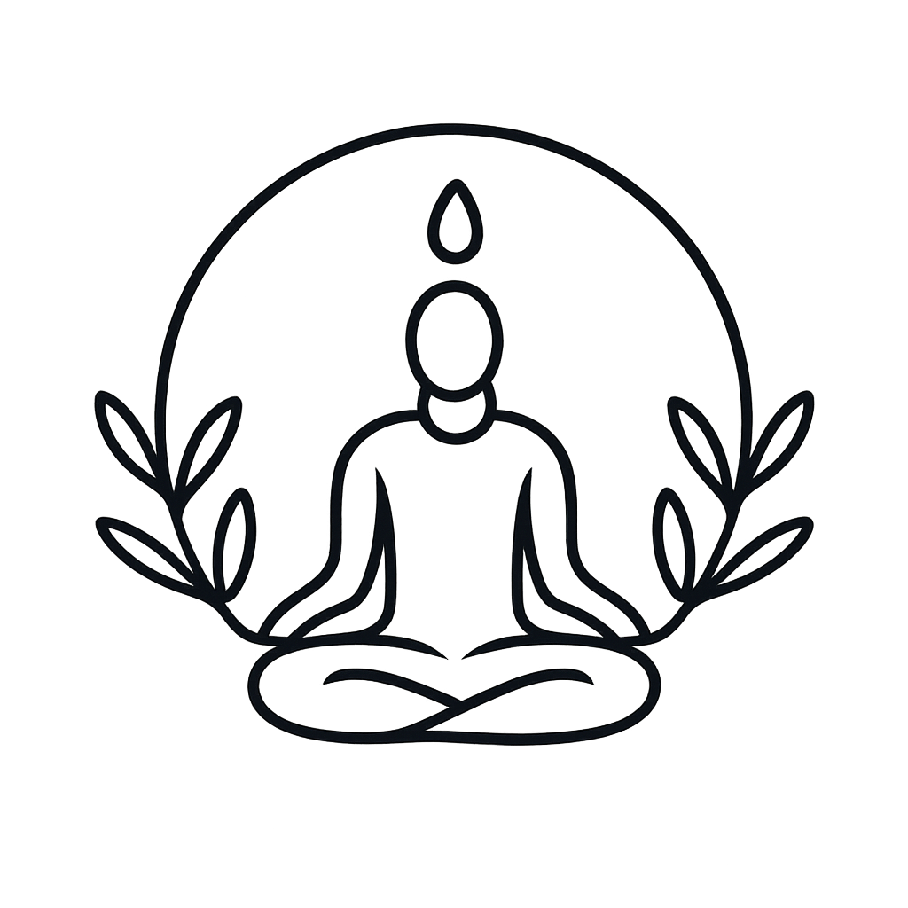 Person in a meditation pose under a large circle. The person sits on a rounded surface, on the ground in a lotus pose with...